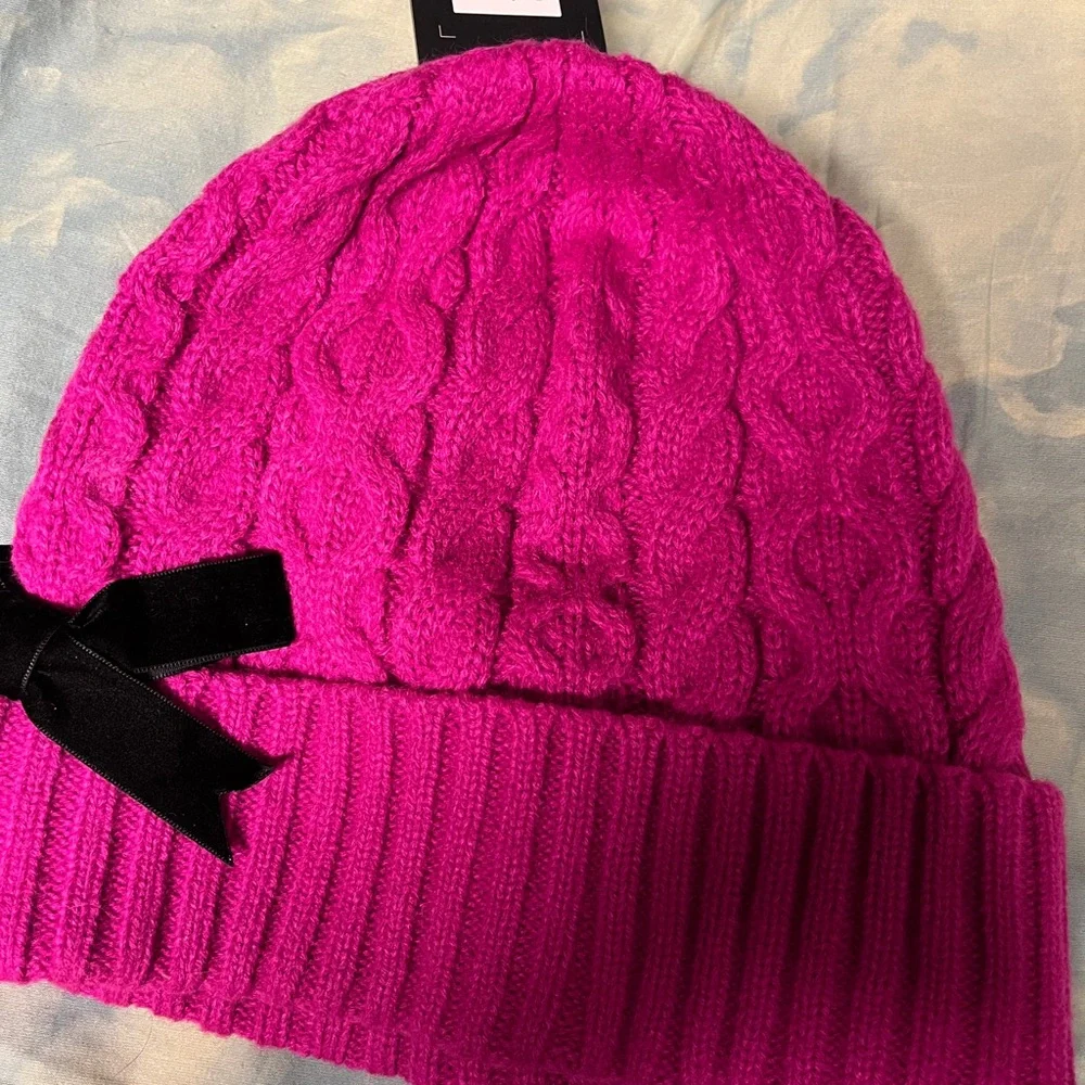 Kate Spade Fuchsia Cable Knit Beanie with Black Bow - Picture 2 of 3